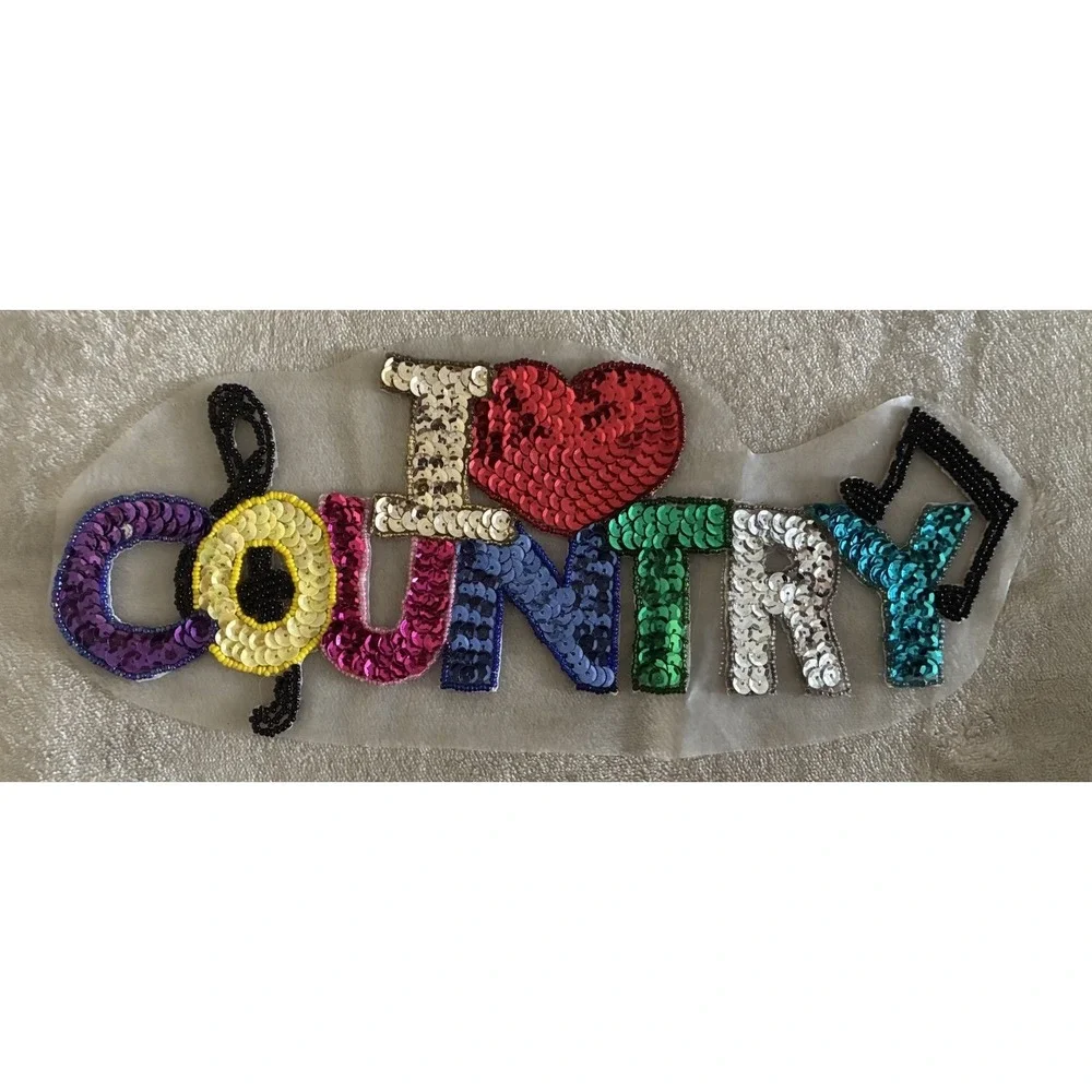 I Love Country‎ Music Patch Applique Sequin Embellished Sew On 12x4